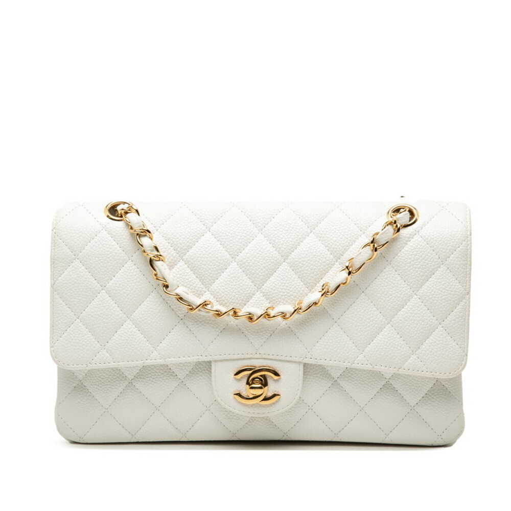 Chanel Coco Mark Double Flap Matelassé 25 Chain Shoulder Bag White Caviar Lea...